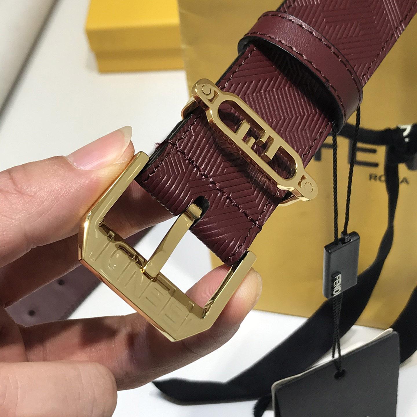 Fendi Edge Burgundy Leather Belt - DopestKickz