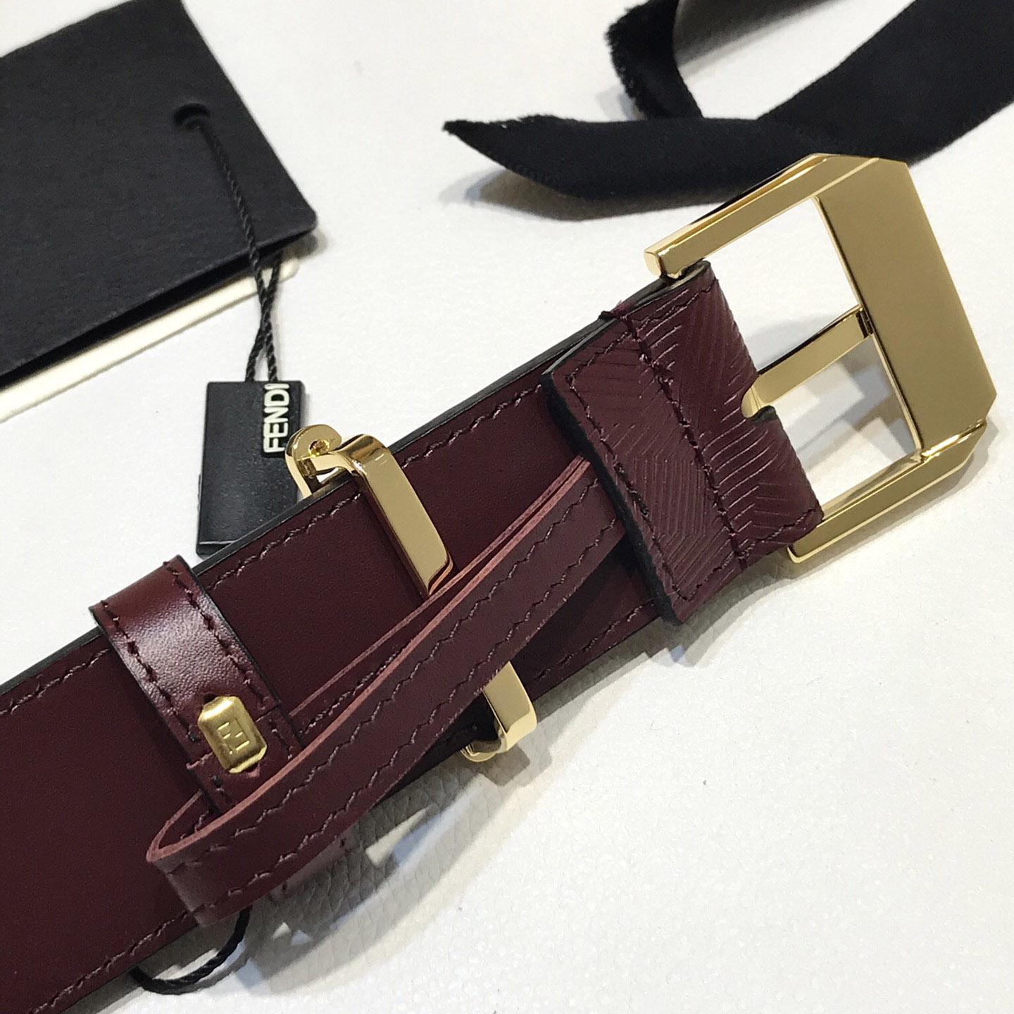 Fendi Edge Burgundy Leather Belt - DopestKickz