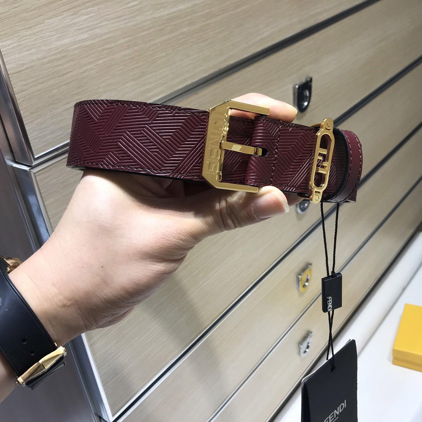 Fendi Edge Burgundy Leather Belt - DopestKickz
