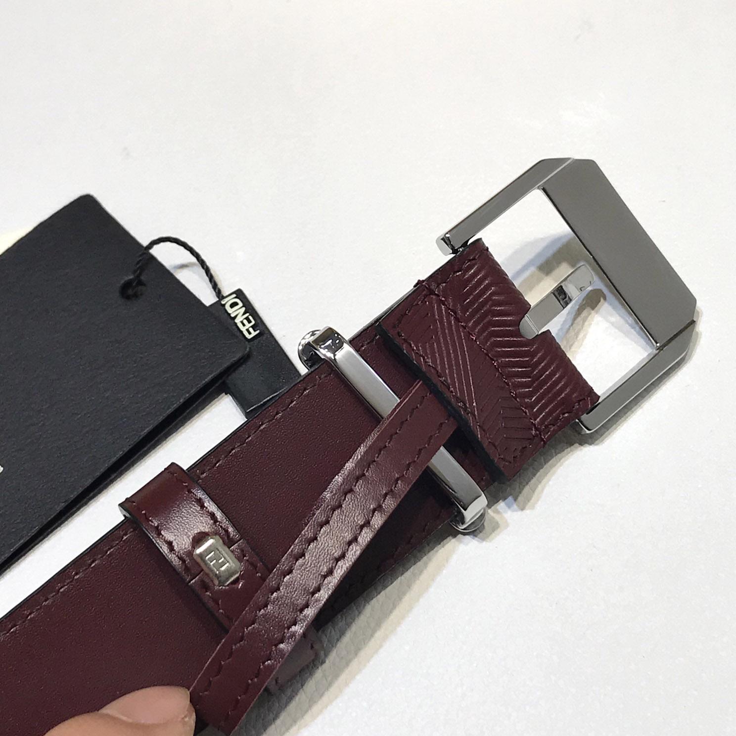 Fendi Edge Burgundy Leather Belt - DopestKickz