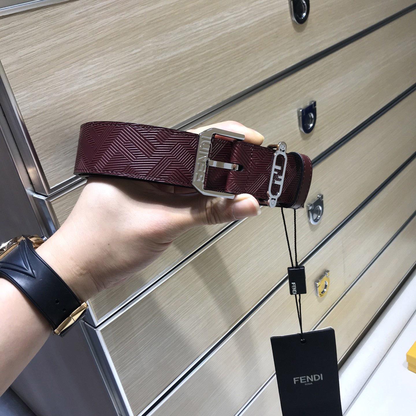 Fendi Edge Burgundy Leather Belt - DopestKickz