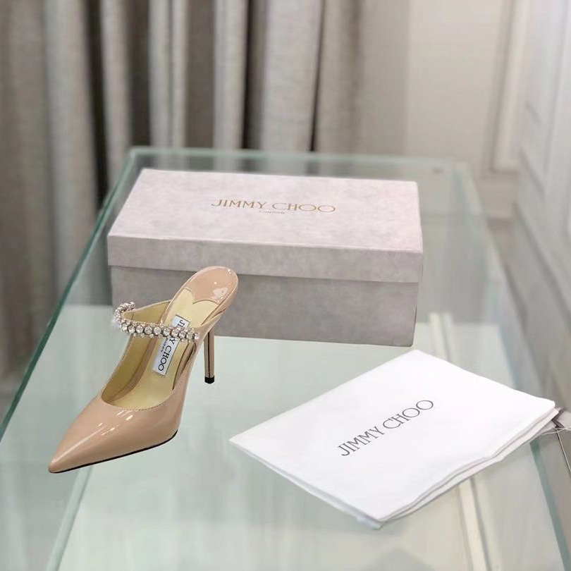 Jimmy Choo Bing 100 Ballet Pink Patent Leather Mules With Crystal Strap - DopestKickz