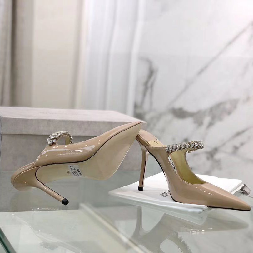 Jimmy Choo Bing 100 Ballet Pink Patent Leather Mules With Crystal Strap - DopestKickz