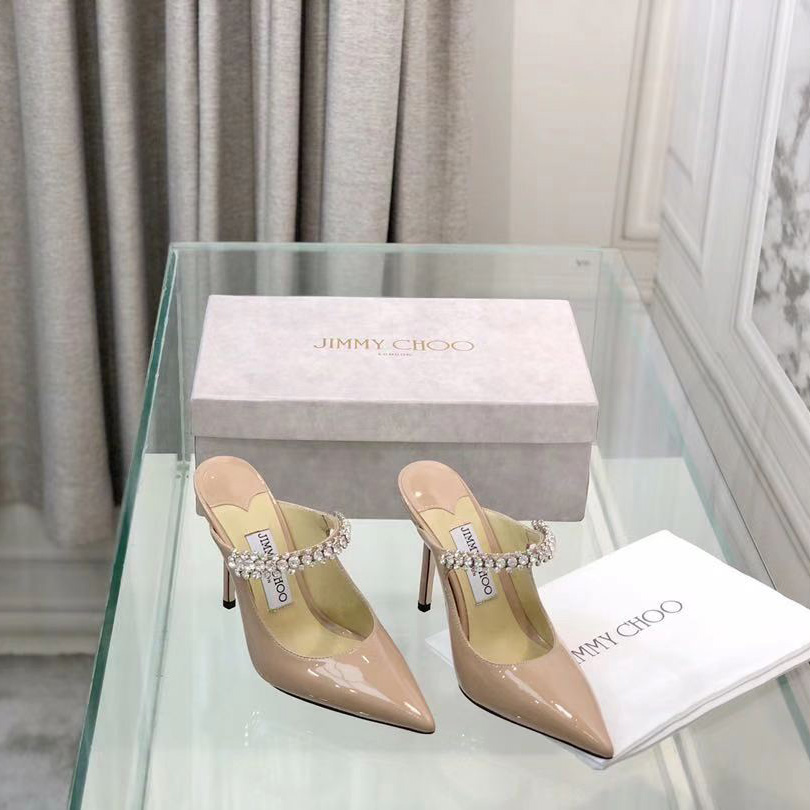 Jimmy Choo Bing 100 Ballet Pink Patent Leather Mules With Crystal Strap - DopestKickz