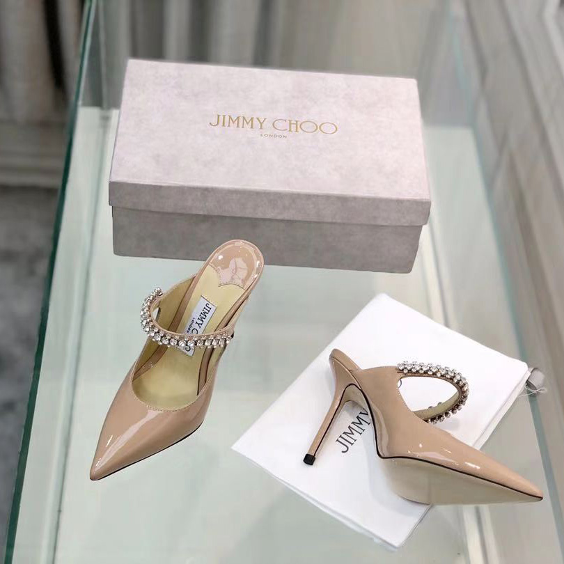 Jimmy Choo Bing 100 Ballet Pink Patent Leather Mules With Crystal Strap - DopestKickz
