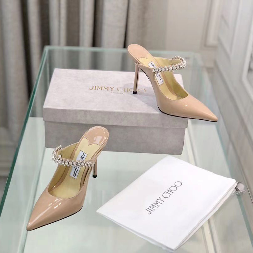 Jimmy Choo Bing 100 Ballet Pink Patent Leather Mules With Crystal Strap - DopestKickz