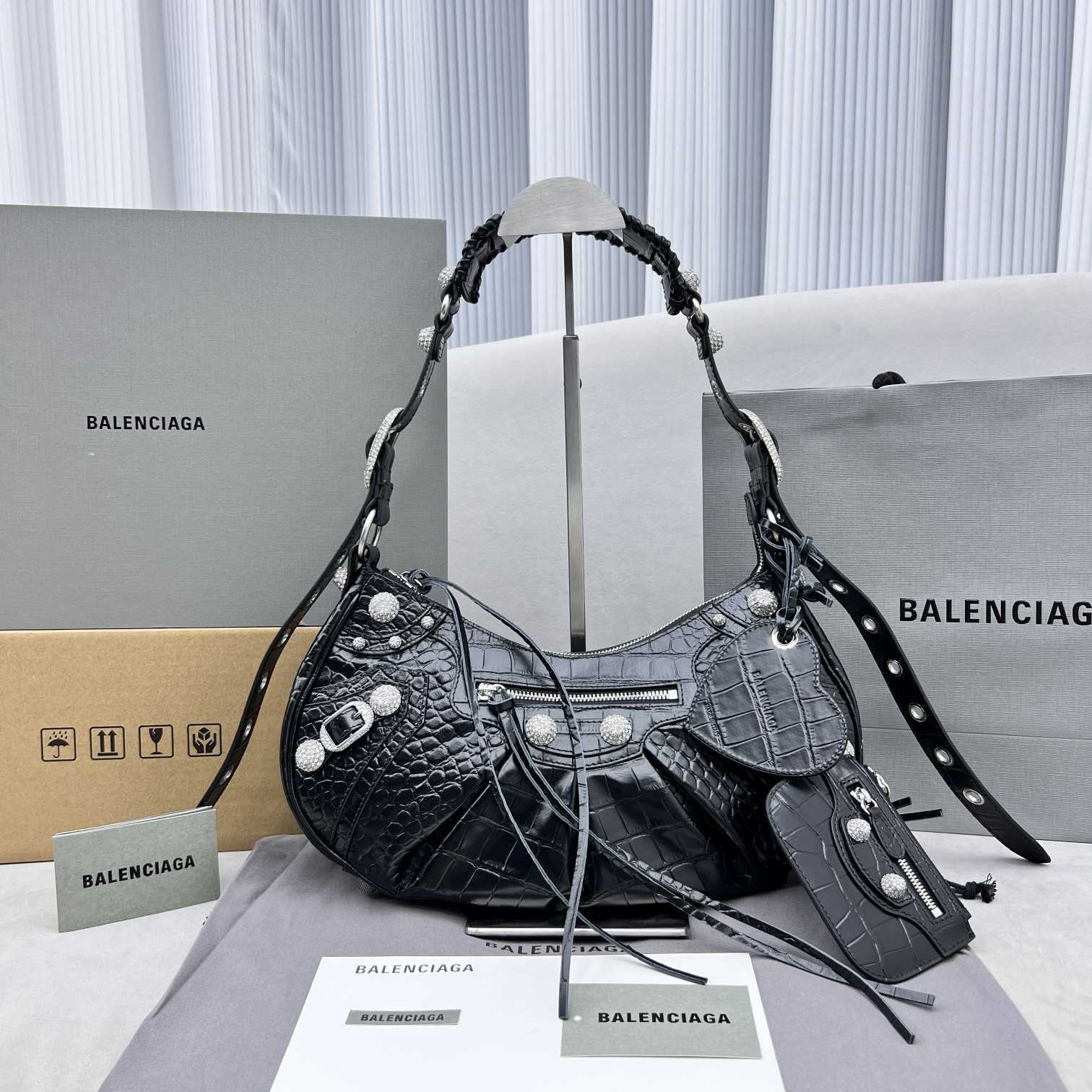 Balenciaga Women's Le Cagole Small Shoulder Bag Metallized Crocodile Embossed With Rhinestones In Black - DopestKickz