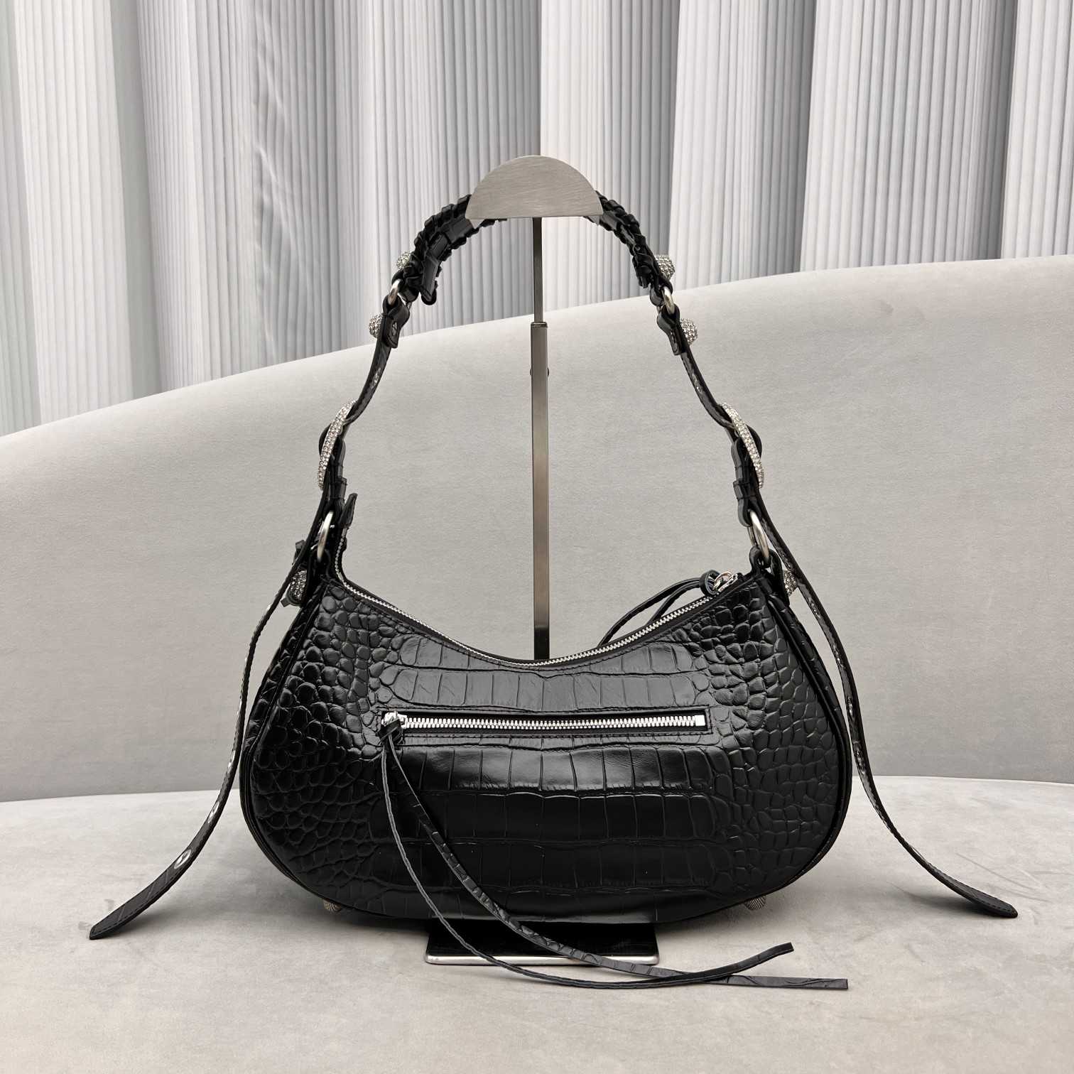 Balenciaga Women's Le Cagole Small Shoulder Bag Metallized Crocodile Embossed With Rhinestones In Black - DopestKickz