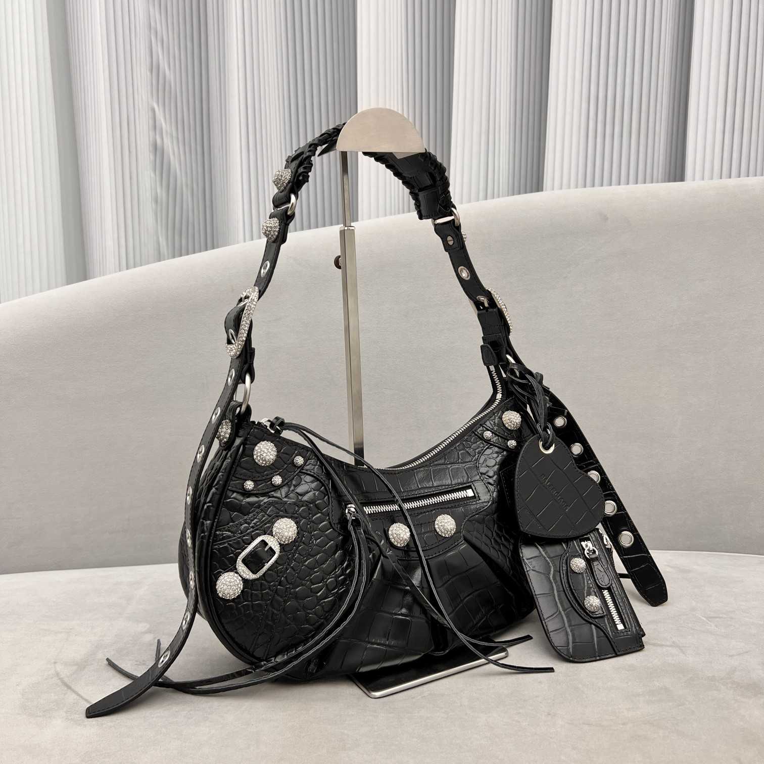 Balenciaga Women's Le Cagole Small Shoulder Bag Metallized Crocodile Embossed With Rhinestones In Black - DopestKickz