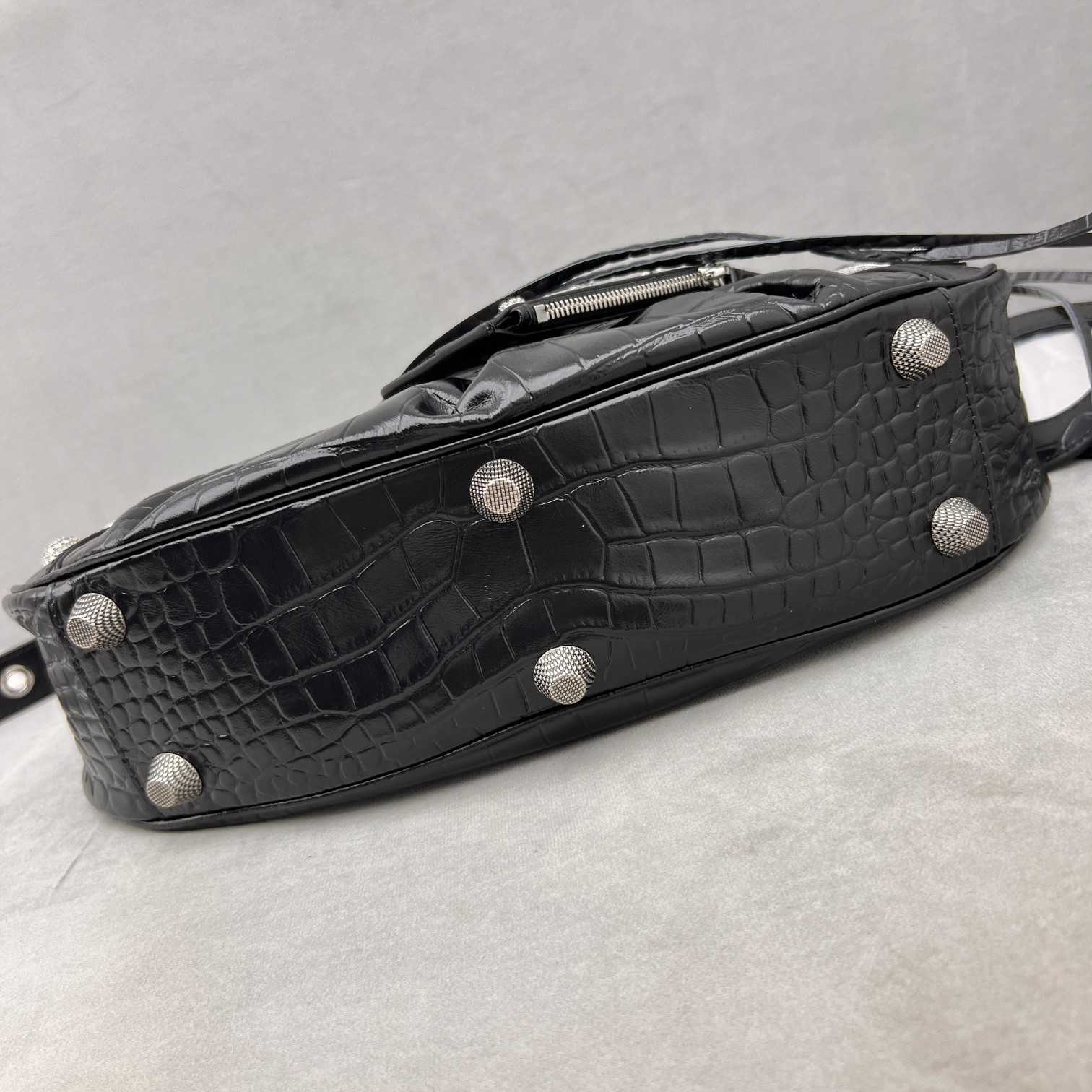 Balenciaga Women's Le Cagole Small Shoulder Bag Metallized Crocodile Embossed With Rhinestones In Black - DopestKickz