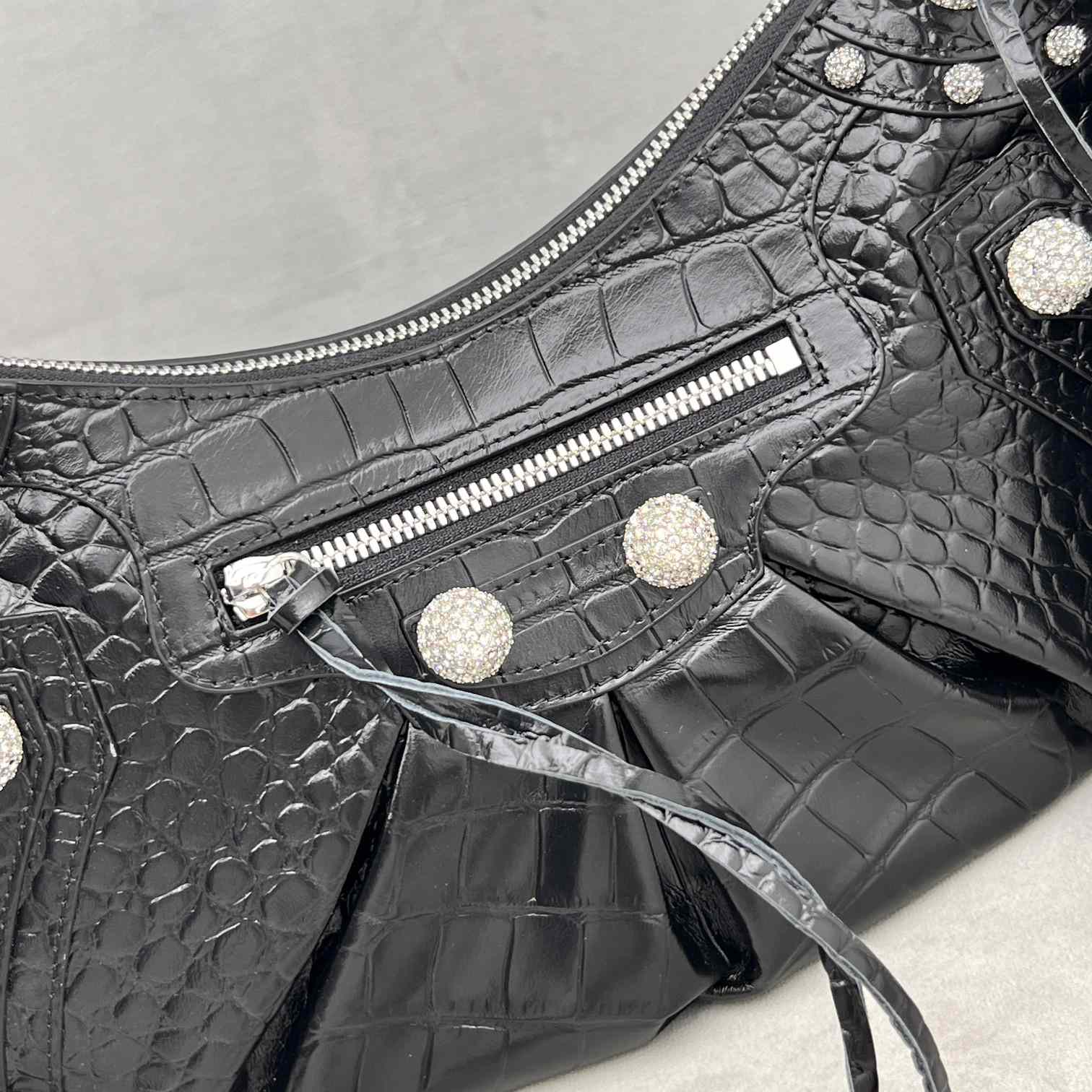 Balenciaga Women's Le Cagole Small Shoulder Bag Metallized Crocodile Embossed With Rhinestones In Black - DopestKickz