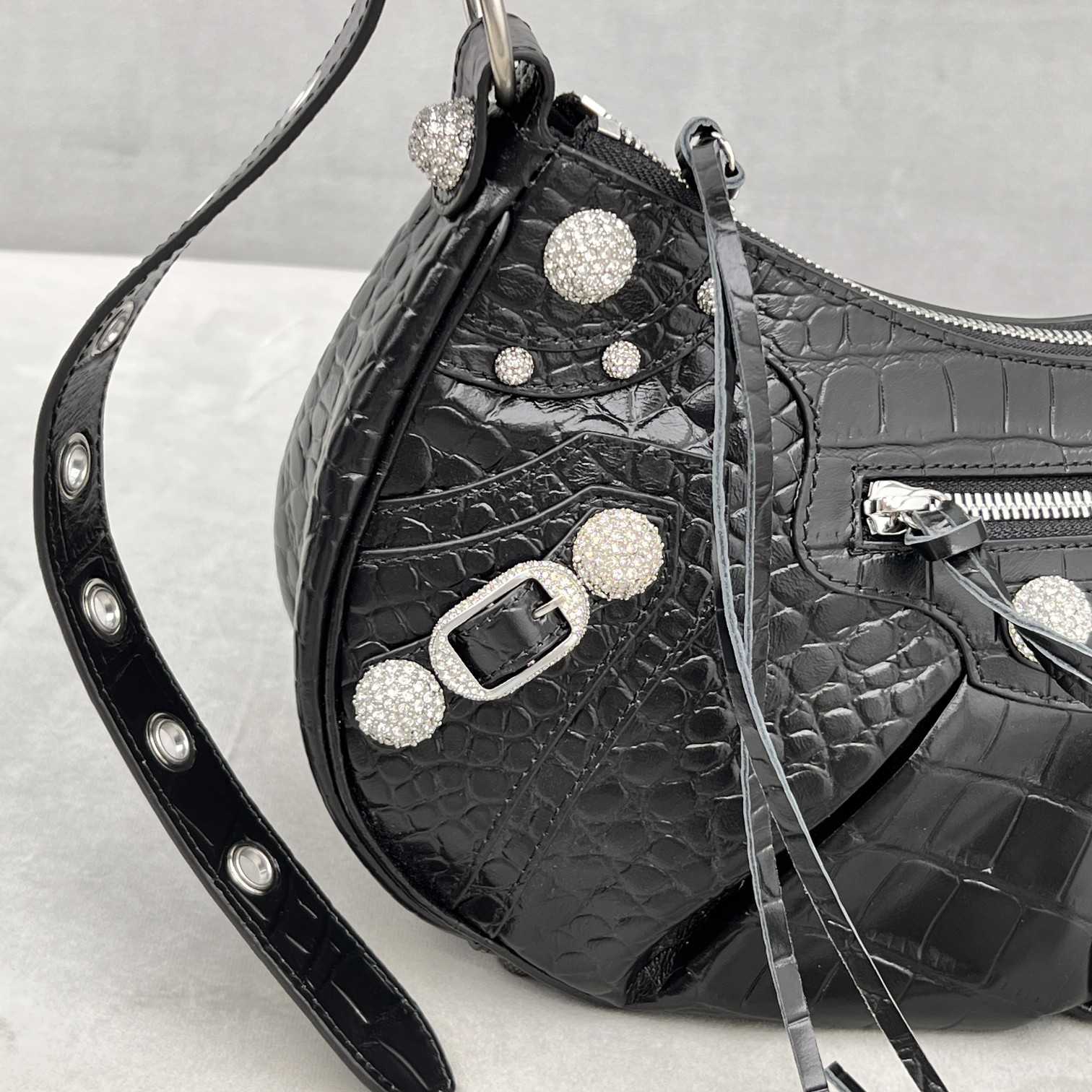 Balenciaga Women's Le Cagole Small Shoulder Bag Metallized Crocodile Embossed With Rhinestones In Black - DopestKickz