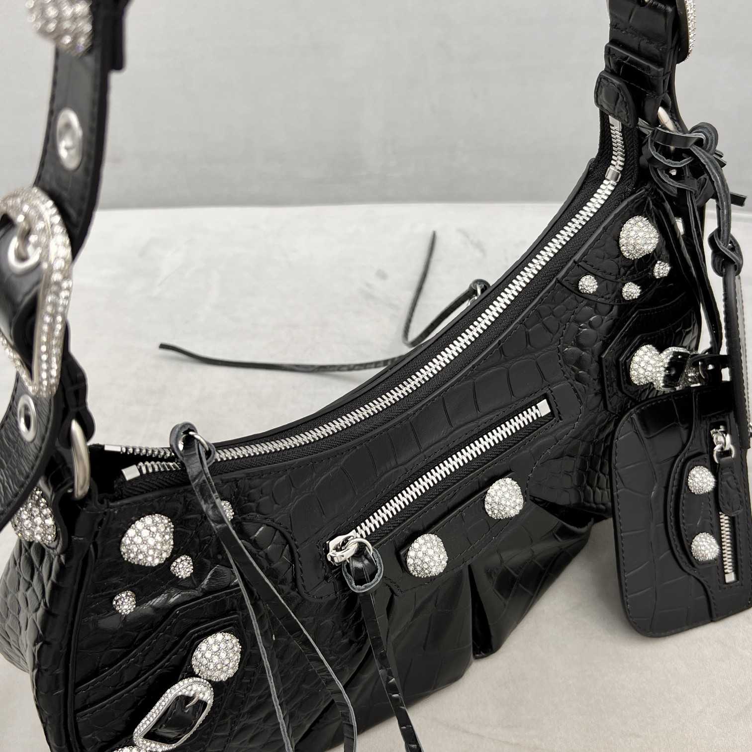 Balenciaga Women's Le Cagole Small Shoulder Bag Metallized Crocodile Embossed With Rhinestones In Black - DopestKickz