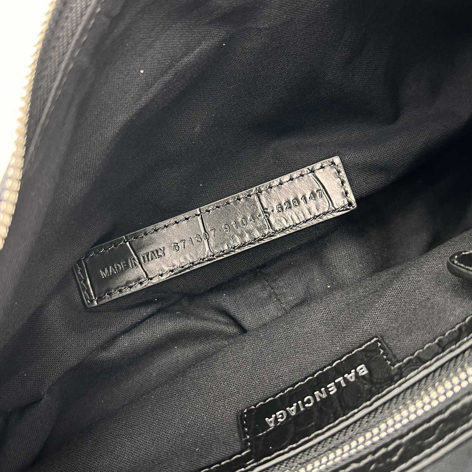 Balenciaga Women's Le Cagole Small Shoulder Bag Metallized Crocodile Embossed With Rhinestones In Black - DopestKickz