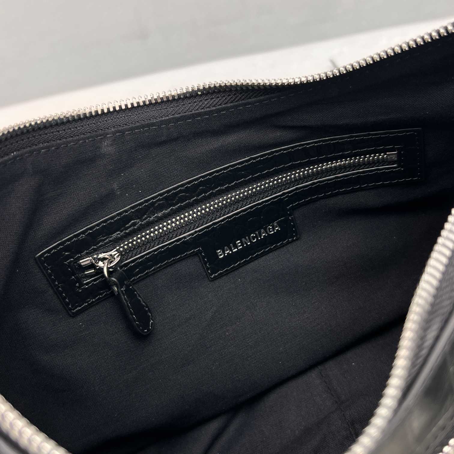 Balenciaga Women's Le Cagole Small Shoulder Bag Metallized Crocodile Embossed With Rhinestones In Black - DopestKickz