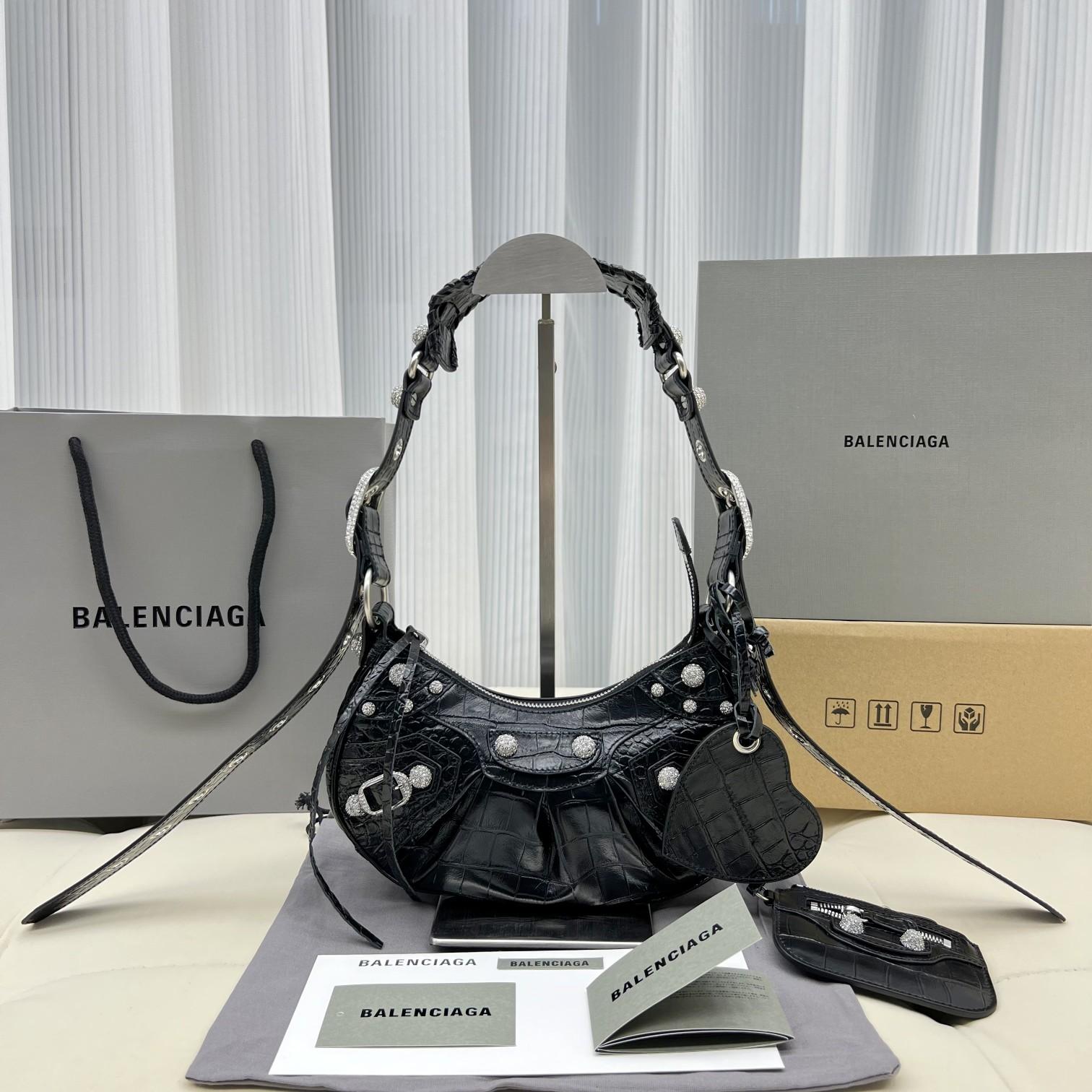 Balenciaga Women's Le Cagole XS Shoulder Bag Crocodile Embossed With Rhinestones In Black - DopestKickz