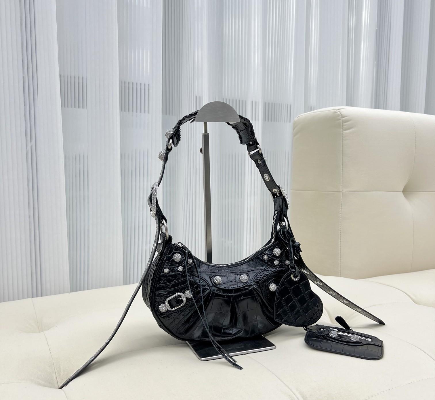 Balenciaga Women's Le Cagole XS Shoulder Bag Crocodile Embossed With Rhinestones In Black - DopestKickz