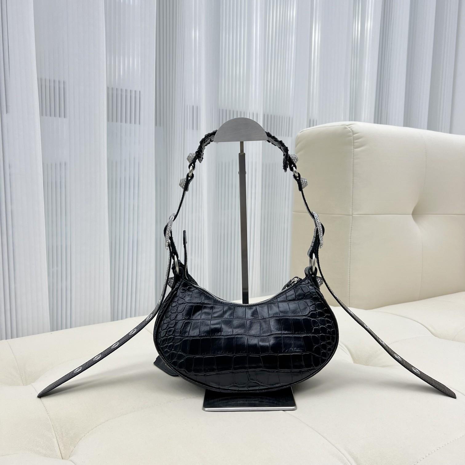 Balenciaga Women's Le Cagole XS Shoulder Bag Crocodile Embossed With Rhinestones In Black - DopestKickz