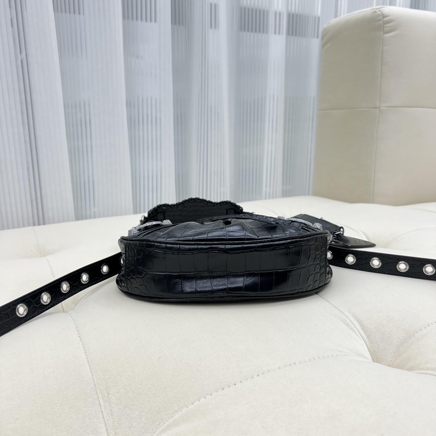 Balenciaga Women's Le Cagole XS Shoulder Bag Crocodile Embossed With Rhinestones In Black - DopestKickz