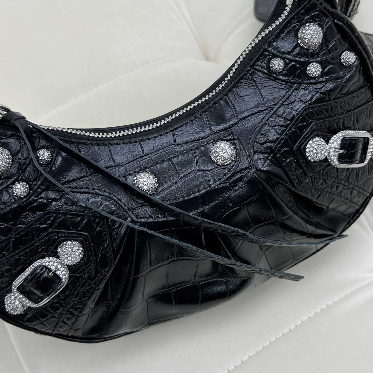 Balenciaga Women's Le Cagole XS Shoulder Bag Crocodile Embossed With Rhinestones In Black - DopestKickz