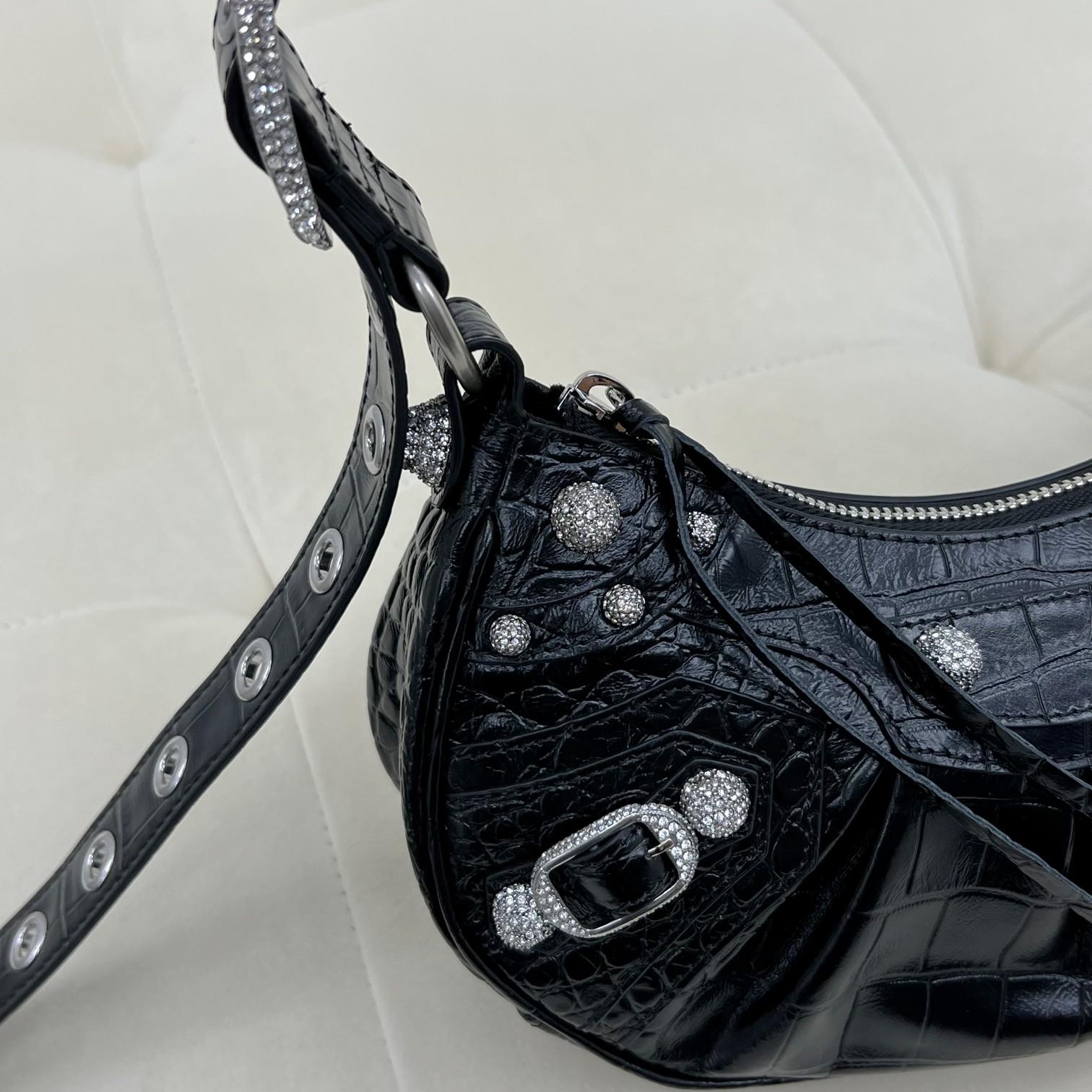 Balenciaga Women's Le Cagole XS Shoulder Bag Crocodile Embossed With Rhinestones In Black - DopestKickz