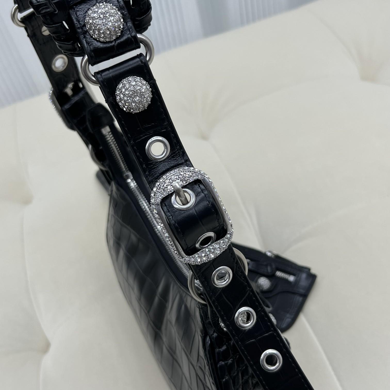 Balenciaga Women's Le Cagole XS Shoulder Bag Crocodile Embossed With Rhinestones In Black - DopestKickz