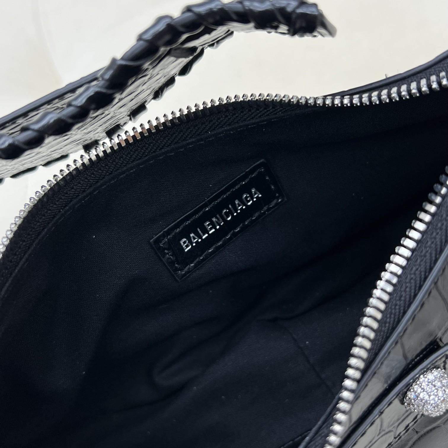 Balenciaga Women's Le Cagole XS Shoulder Bag Crocodile Embossed With Rhinestones In Black - DopestKickz
