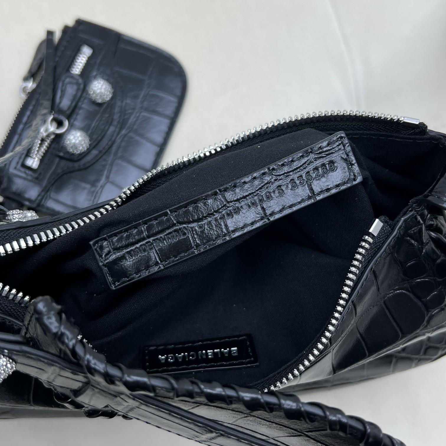 Balenciaga Women's Le Cagole XS Shoulder Bag Crocodile Embossed With Rhinestones In Black - DopestKickz
