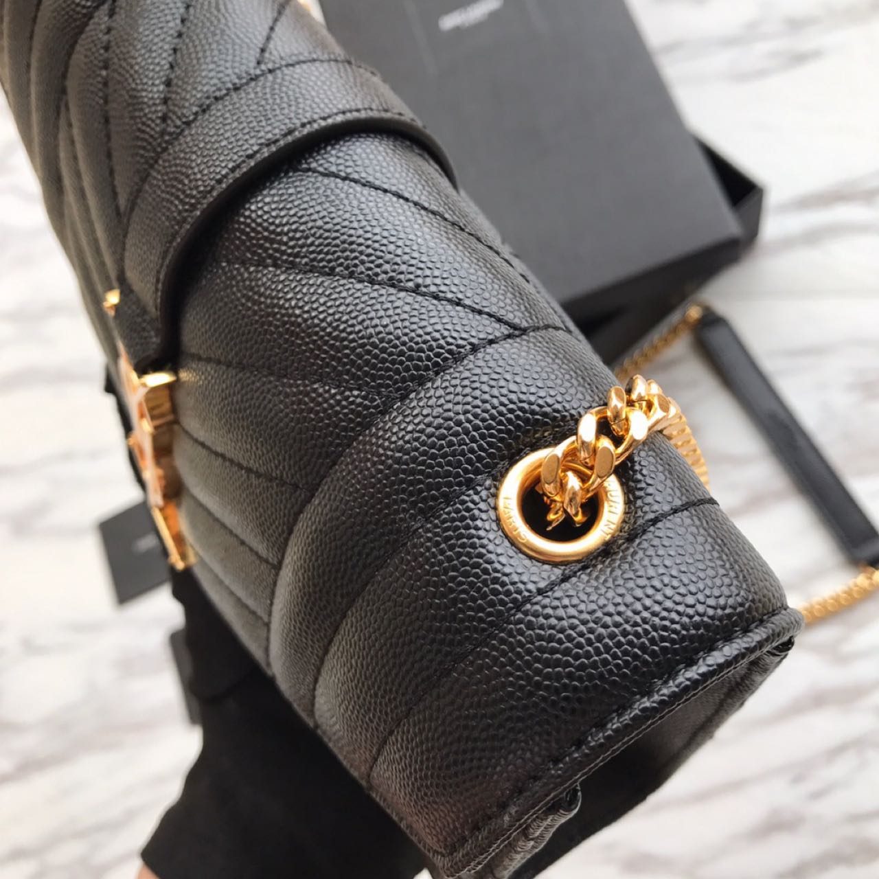 Saint Laurent Envelope Chain Wallet In Mix Matelasse Grain De Poudre Embossed Leather(21-13-6CM) - DopestKickz