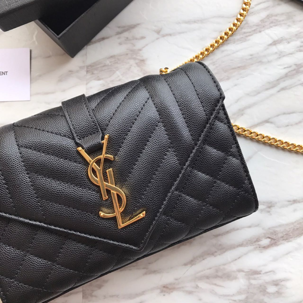 Saint Laurent Envelope Chain Wallet In Mix Matelasse Grain De Poudre Embossed Leather(21-13-6CM) - DopestKickz