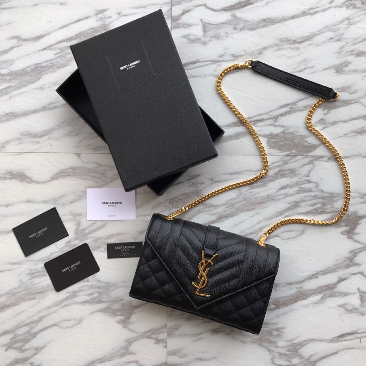 Saint Laurent Envelope Chain Wallet In Mix Matelasse Grain De Poudre Embossed Leather(21-13-6CM) - DopestKickz