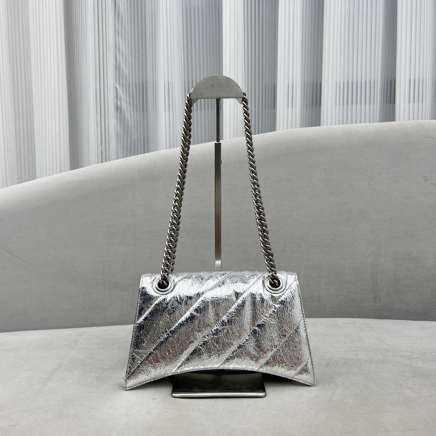 Balenciaga Women's Crush Small Chain Bag Metallized Quilted In Silver (25-15-9.5cm) - DopestKickz