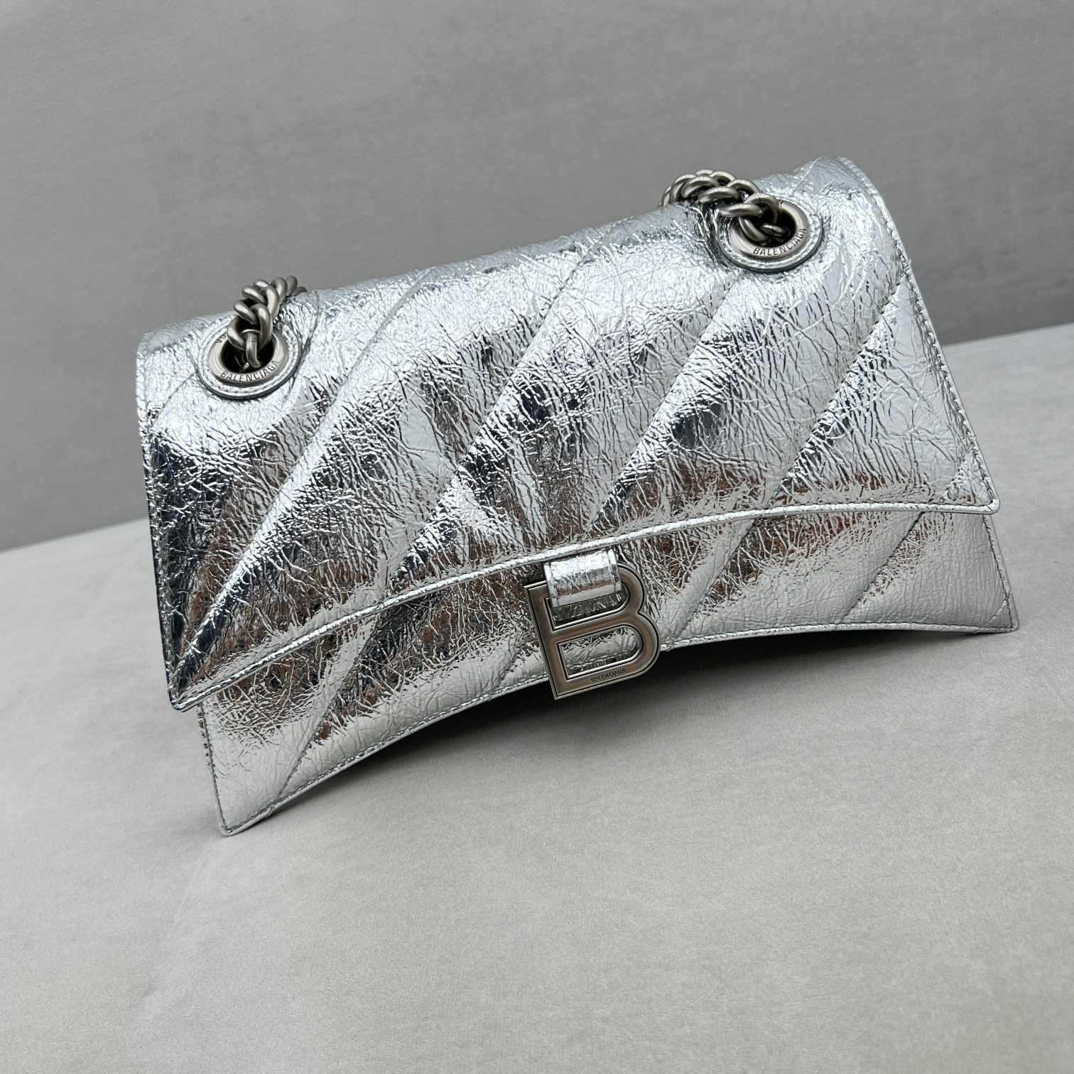 Balenciaga Women's Crush Small Chain Bag Metallized Quilted In Silver (25-15-9.5cm) - DopestKickz