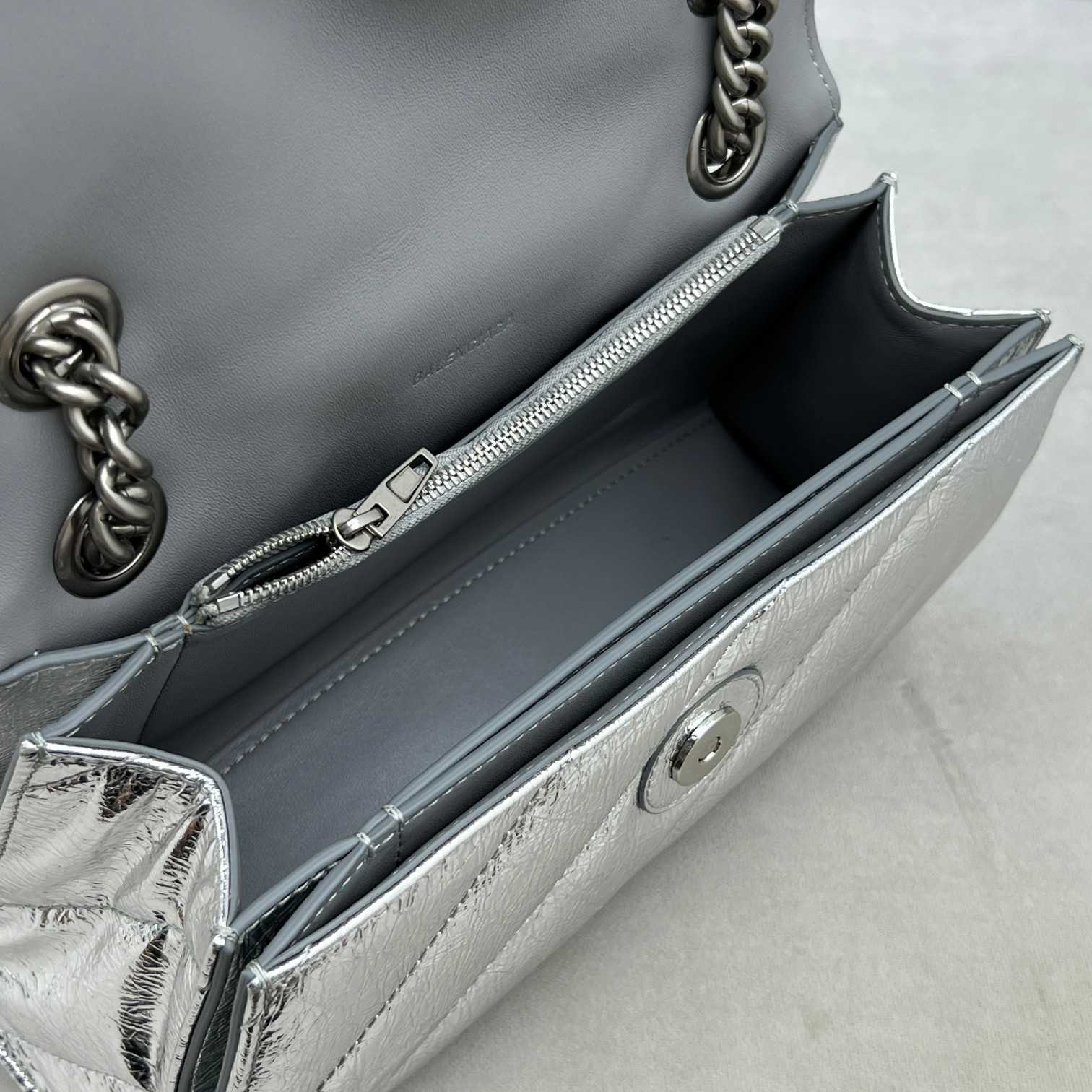 Balenciaga Women's Crush Small Chain Bag Metallized Quilted In Silver (25-15-9.5cm) - DopestKickz