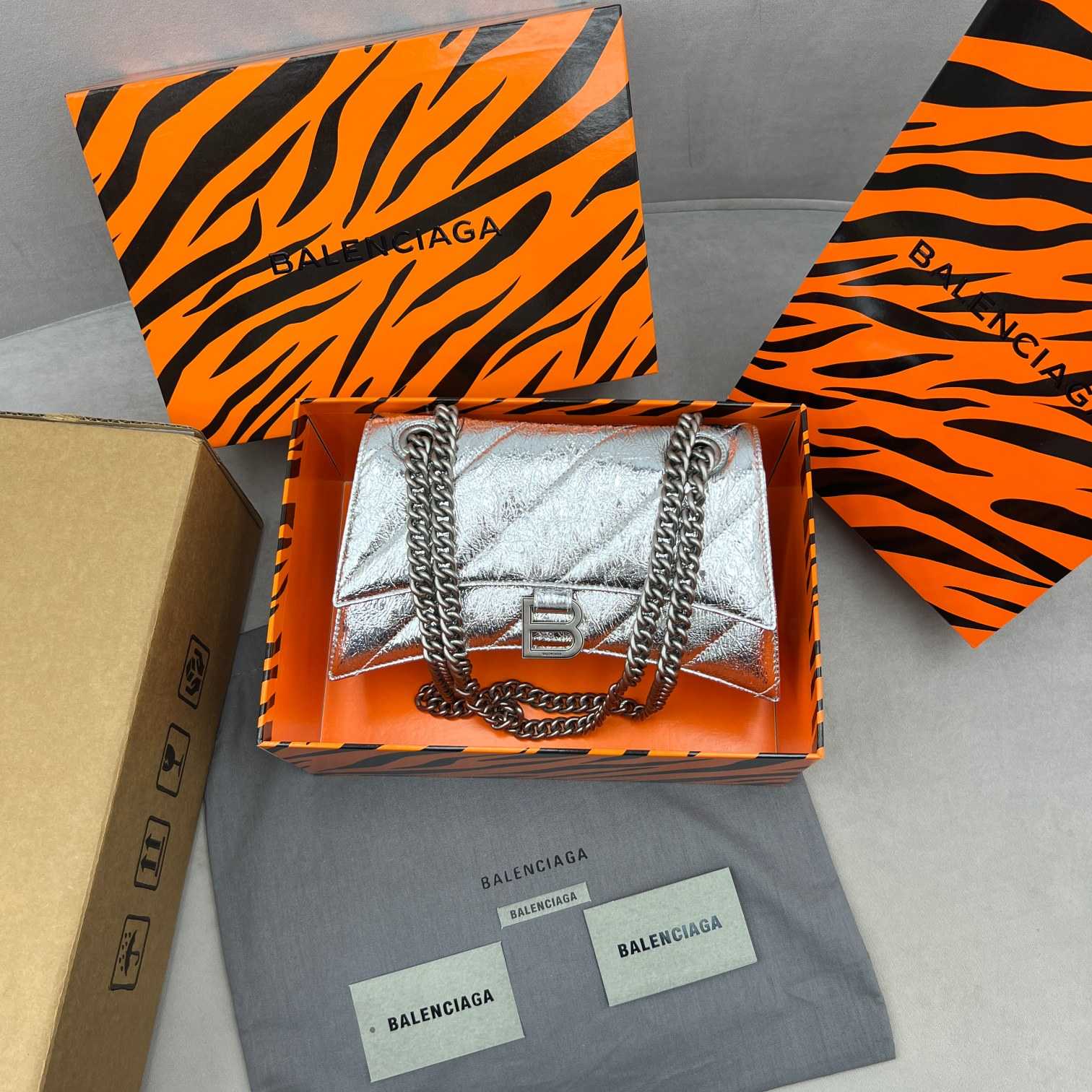 Balenciaga Women's Crush Small Chain Bag Metallized Quilted In Silver (25-15-9.5cm) - DopestKickz