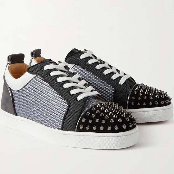 Christian Louboutin Louis Junior Spikes Suede-Trimmed Mesh And Leather Sneakers - DopestKickz