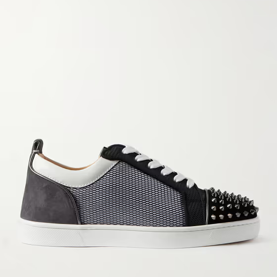 Christian Louboutin Louis Junior Spikes Suede-Trimmed Mesh And Leather Sneakers - DopestKickz