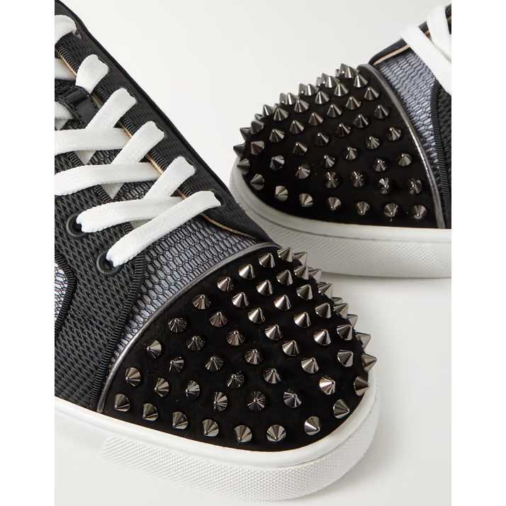 Christian Louboutin Louis Junior Spikes Suede-Trimmed Mesh And Leather Sneakers - DopestKickz