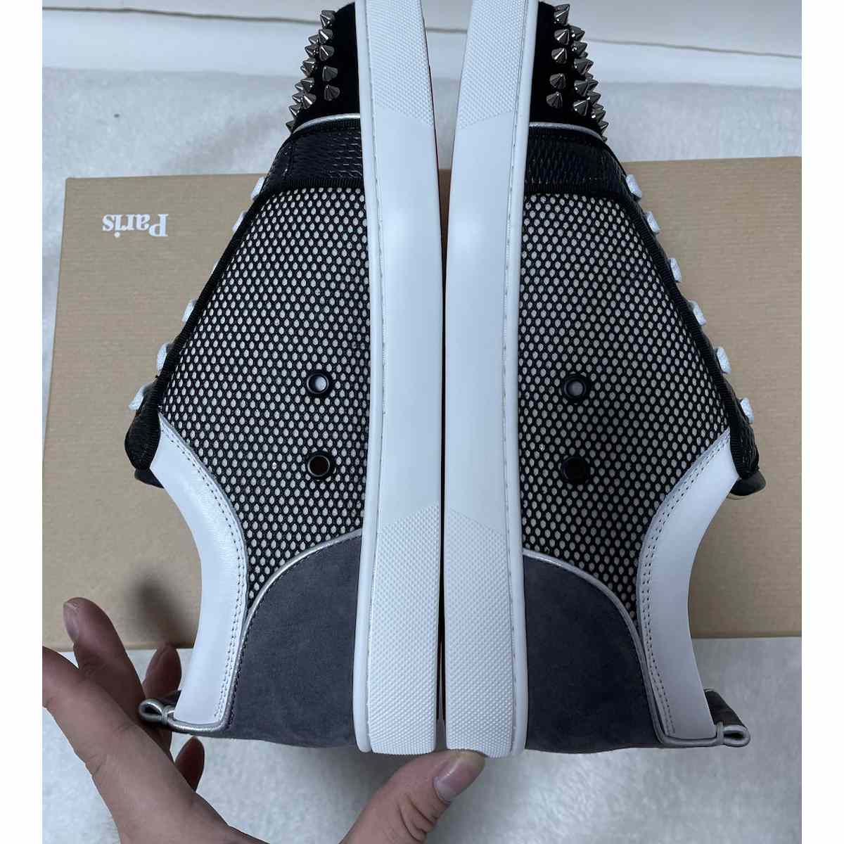 Christian Louboutin Louis Junior Spikes Suede-Trimmed Mesh And Leather Sneakers - DopestKickz