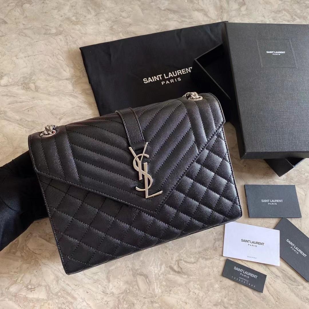 Saint Laurent Envelope Medium Chain Bag In Mix Matelasse Grain De Poudre Embossed Leather - DopestKickz