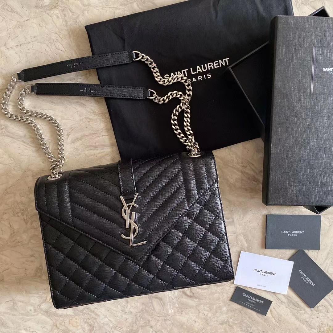 Saint Laurent Envelope Medium Chain Bag In Mix Matelasse Grain De Poudre Embossed Leather - DopestKickz