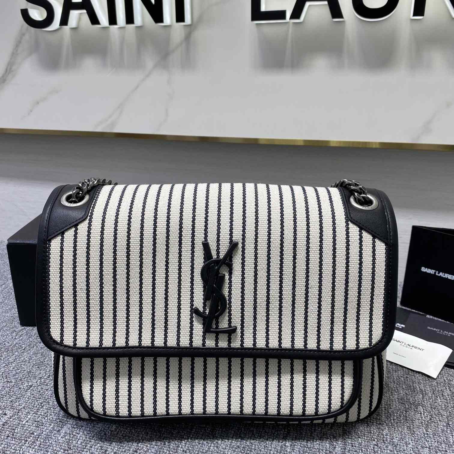 Saint Laurent Women's Niki Medium Striped Canvas Shoulder Bag (28cm) - DopestKickz