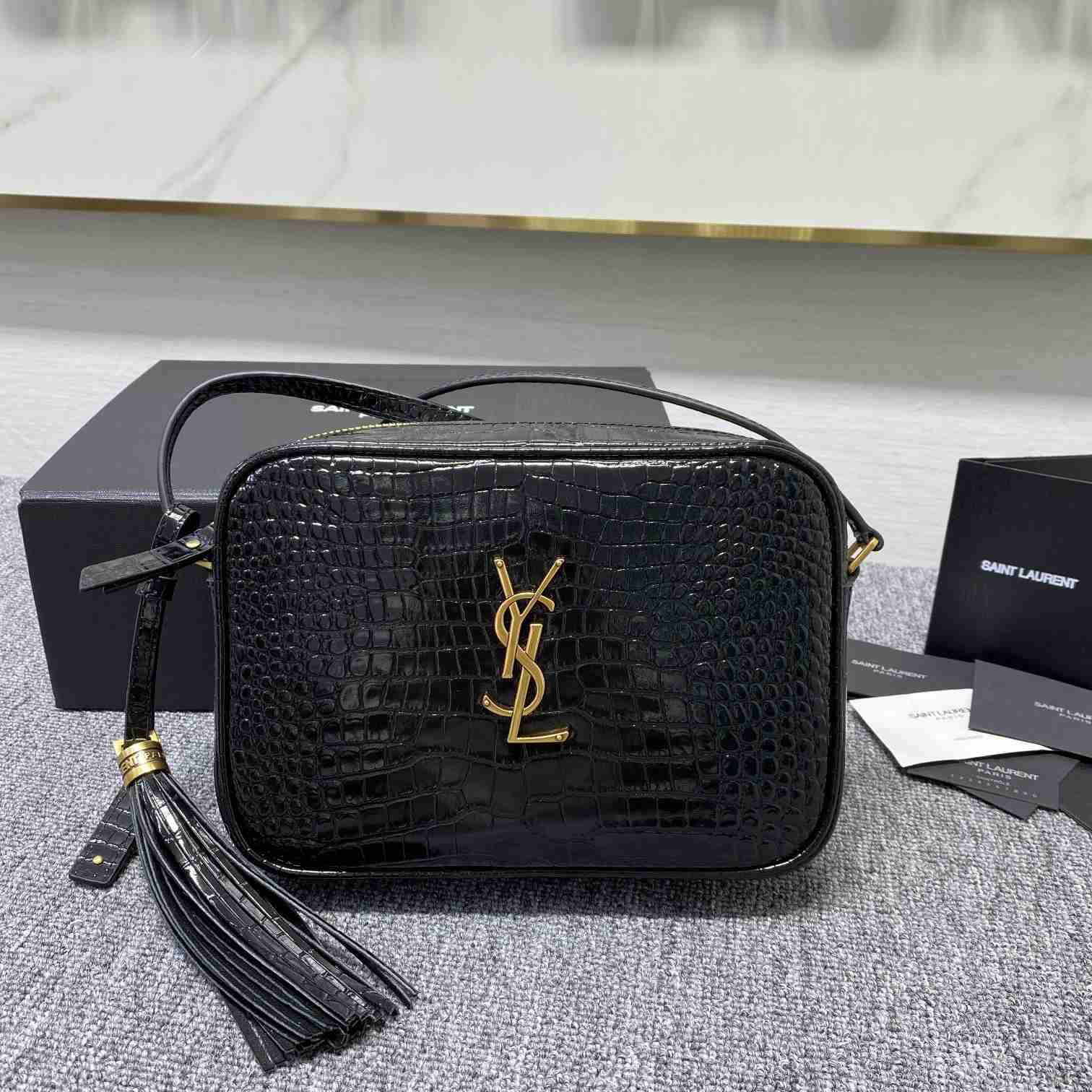Saint Laurent Lou Camera Bag In Crocodile-Embossed Shiny Leather - DopestKickz