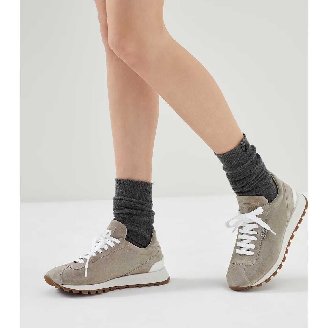 Brunello Cucinelli Suede Runners With Shiny Tab - DopestKickz
