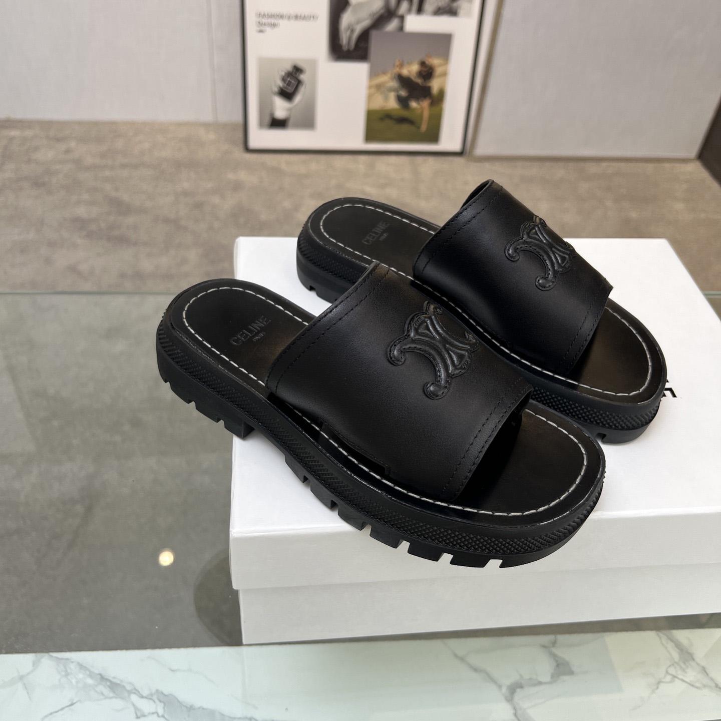 Celine Clea Triomphe Slide In Vegetable - Black Calfskin - DopestKickz
