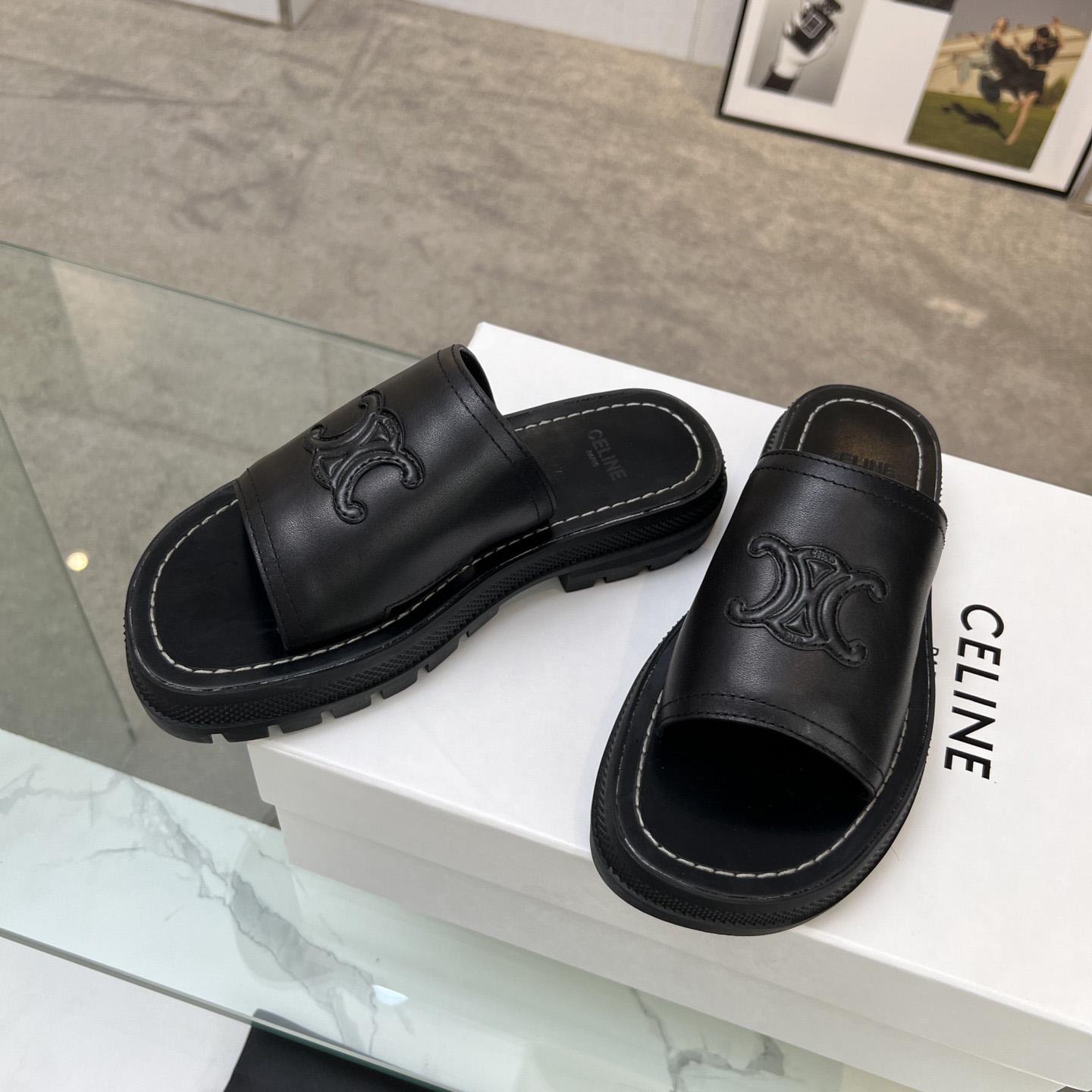 Celine Clea Triomphe Slide In Vegetable - Black Calfskin - DopestKickz