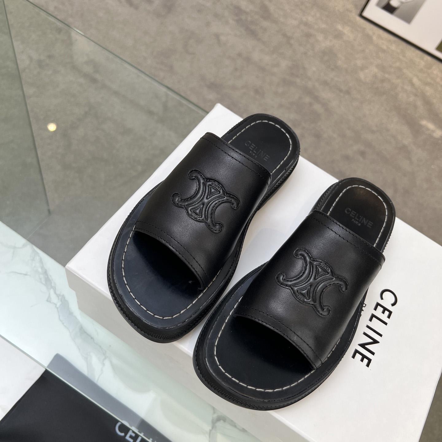 Celine Clea Triomphe Slide In Vegetable - Black Calfskin - DopestKickz