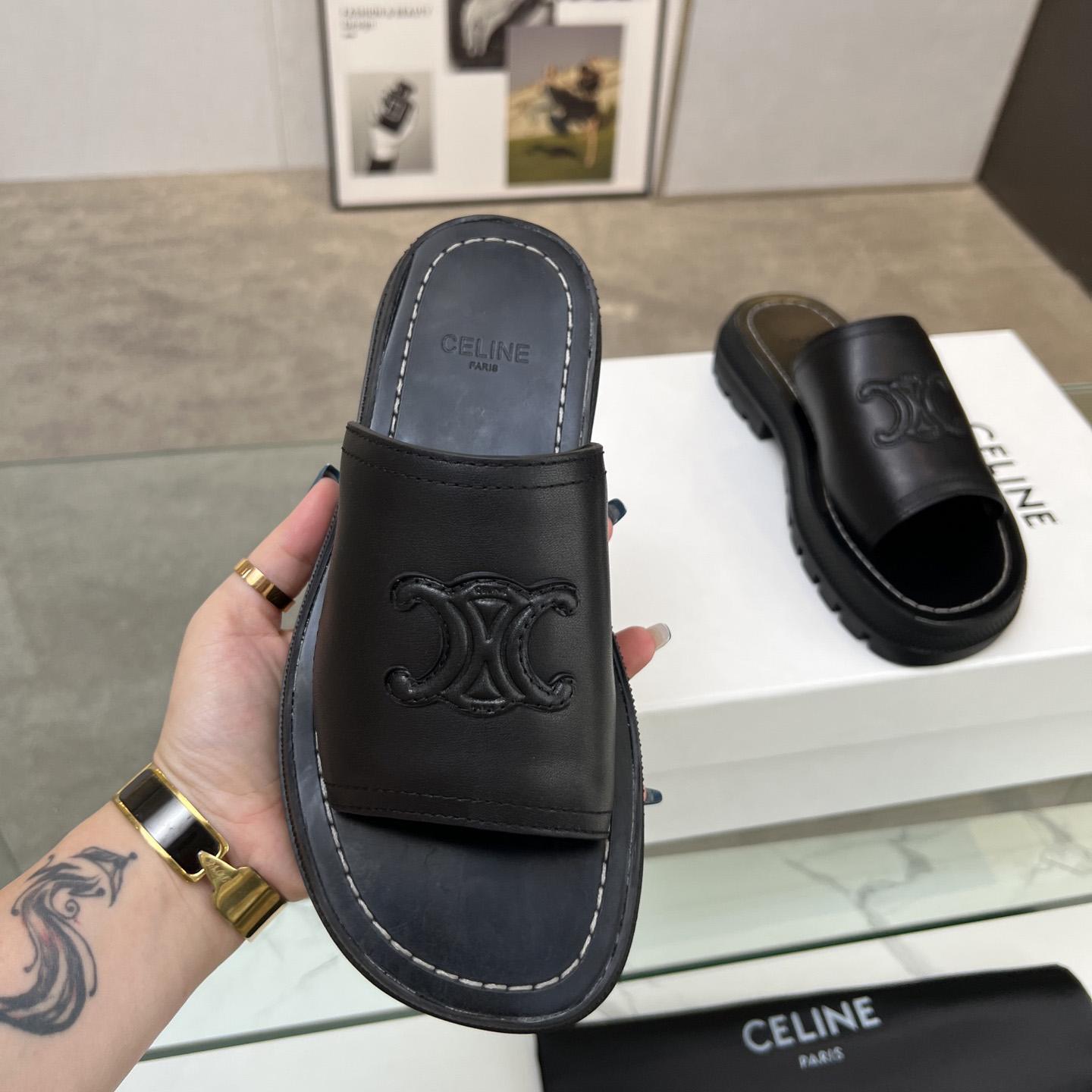 Celine Clea Triomphe Slide In Vegetable - Black Calfskin - DopestKickz