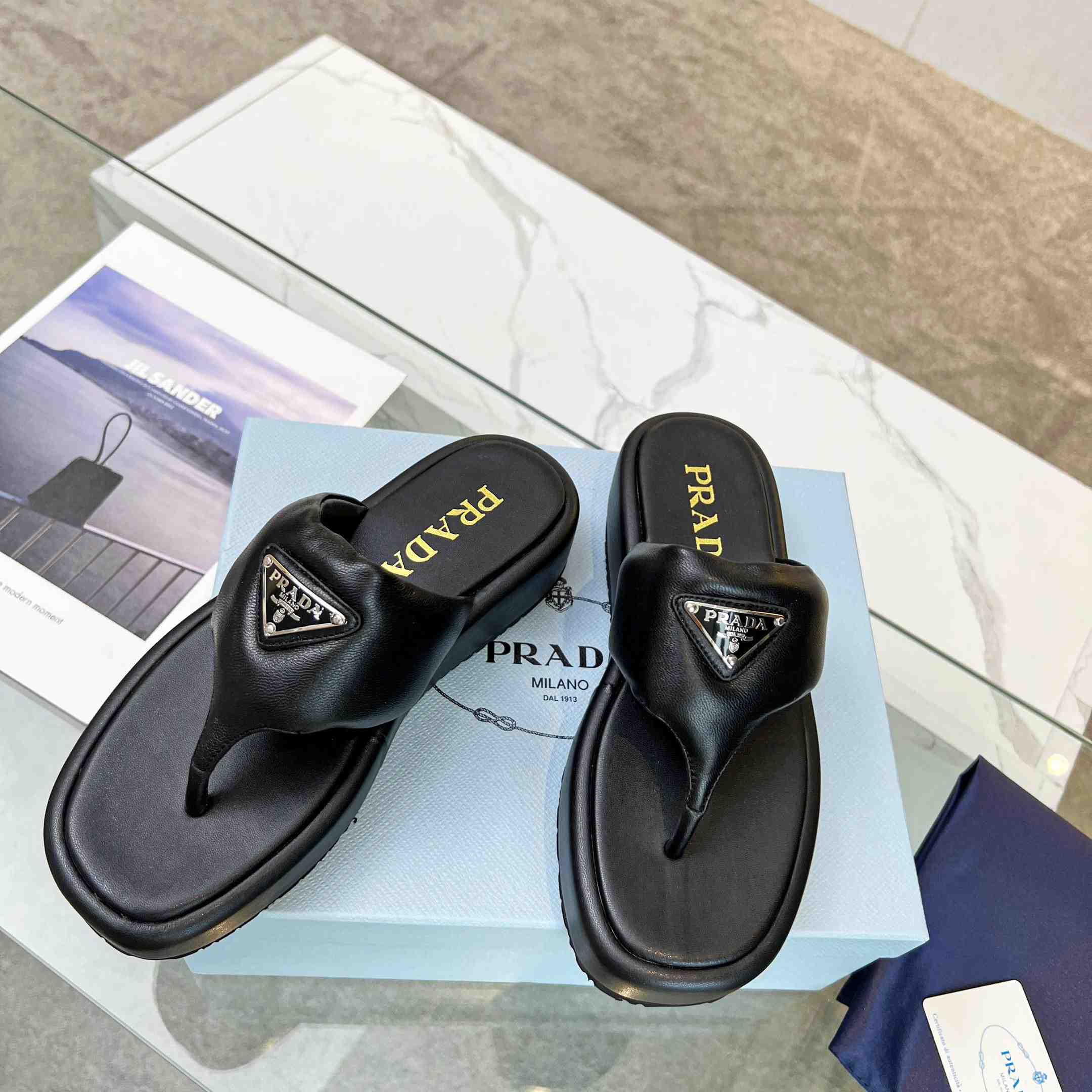 Prada Soft Padded Nappa Leather Thong Wedge Sandals - DopestKickz