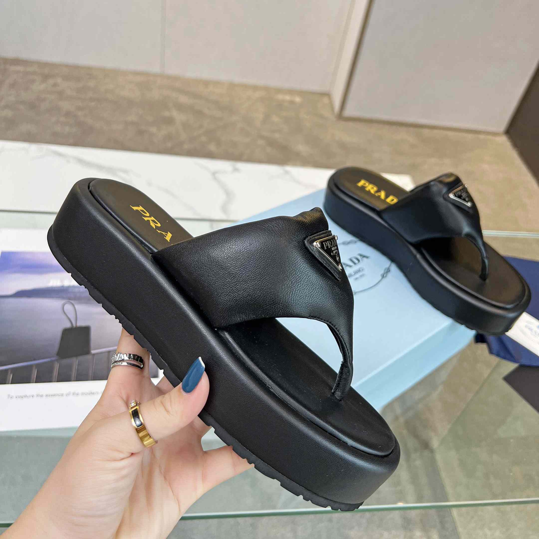 Prada Soft Padded Nappa Leather Thong Wedge Sandals - DopestKickz